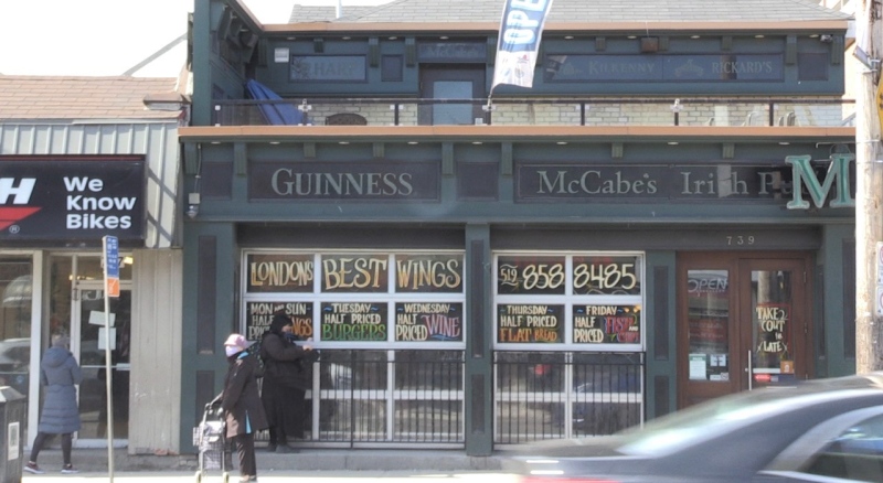 McCabe’s Irish Pub & Grill in London, Ont. is seen on Monday, March 15, 2021. (Jordyn Read / CTV News)