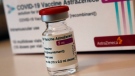 A vial of AstraZeneca vaccine is pictured in a pharmacy in Boulogne Billancourt, outside Paris, Monday, March 15, 2021. (AP Photo/Christophe Ena)