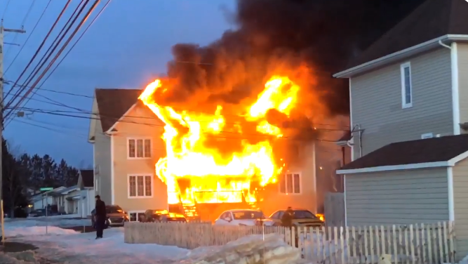 At least seven people, including three children, are temporarily without a home after a fire caused significant damage to a two-storey duplex in Dieppe, New Brunswick on Monday night. (Photo via Zachary Dawson)