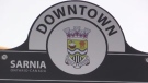 A Downtown Sarnia, Ont. sign is seen on Tuesday, March 16, 2021. (Brent Lale/CTV London)