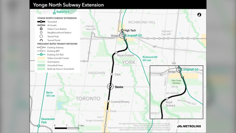 Metrolinx's preferred route for the Yonge Street subway extension is shown.