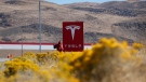 In this Oct. 13, 2018, file photo, a sign marks the entrance to the Tesla Gigafactory in Sparks, Nev. A Russian citizen has pleaded guilty to offering a Tesla employee $1 million to get malware into the electric car company's plant in Nevada and enable a ransomware attack. Attorneys representing Egor Igorevich Kriuchkov did not immediately respond Friday, March 19, 2021, to messages about his Thursday plea in U.S. District Court in Reno. (AP Photo/John Locher, File)