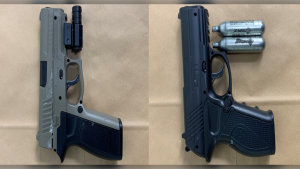 Two guns RCMP seized from men in separate firearm incidents. Both guns are fake. One is a pellet gun and the other is a BB gun. (Source: Manitoba RCMP)