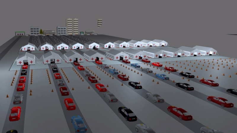 AnyLogic software showing cars waiting for a vaccine at a drive-thru site.