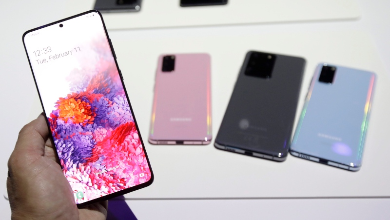 Samsung Galaxy S20 phones are displayed at the Unpacked 2020 event in San Francisco, Tuesday, Feb. 11, 2020. (AP Photo/Jeff Chiu)