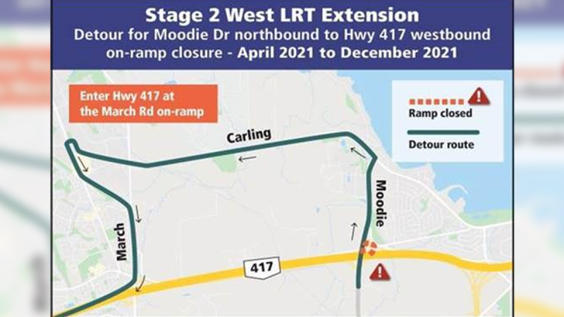 The City of Ottawa says the Moodie Drive on-ramp to Highway 417 westbound will be closed starting April 1 and will reopen in December to facilitate Stage 2 LRT construction. The posted detour will be in place. (Image via the City of Ottawa)
