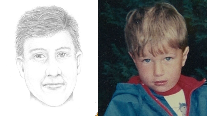 A forensic sketch of Michael Dunahee is shown beside a photo of him when he went missing at the age of four.