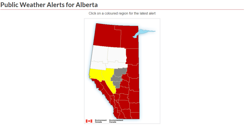 Much of Alberta is under weather warnings, watches, or both on Sunday, March 28, 2021 (Courtesy Environment Canada).