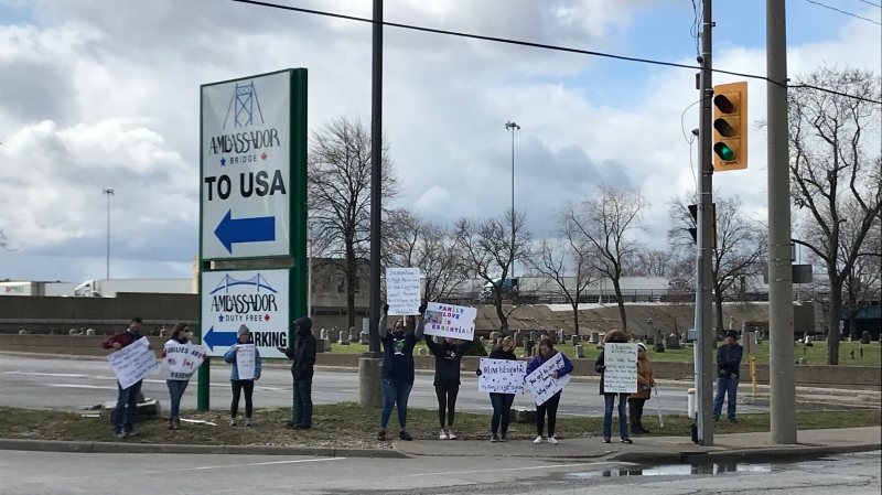 'Love Without Borders' groups protests restrictions at the Ambassador Bridge in Windsor, Ont. on Sunday, Mar. 28, 2021. (Angelo Aversa/CTV Windsor)