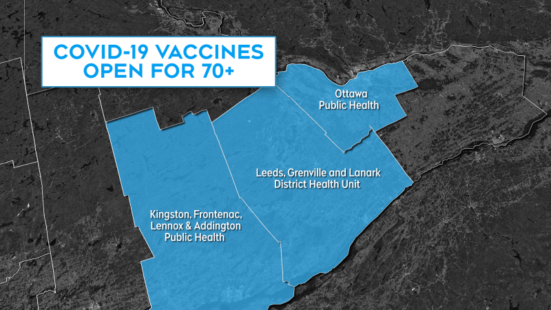 Individuals aged 70 and older in the Ottawa Public Health region, Kingston, Frontenac and Lennox and Addington region, and Leeds, Grenville and Lanark District are eligible to book a COVID-19 vaccination appointment at a mass immunization clinic through Ontario's online booking portal. 