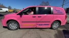 The bright pink taxi is free for anyone who is in need of a ride to area hospitals to receive cancer treatment. Gatineau, Que. Mar. 29, 2021. (Tyler Fleming / CTV News)