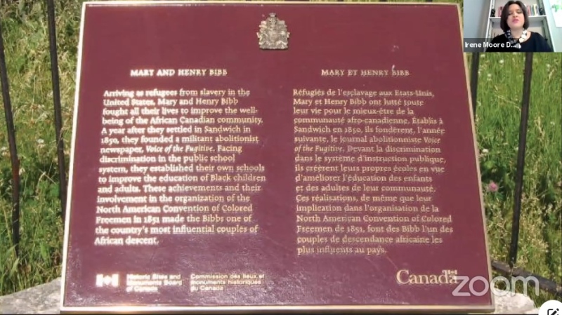 Mary and Henry Bibb plaque is shown during a City of Windsor zoom call. (Courtesy City of Windsor / Facebook)
