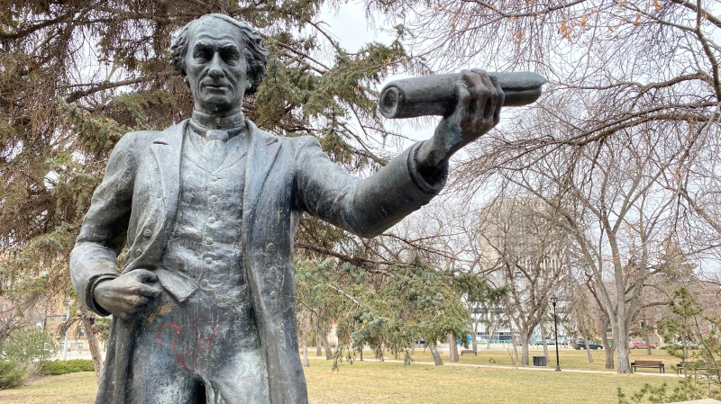 The John A. Macdonald statue in Regina's Victoria Park is pictured in March 2021. (Gareth Dillistone/CTV Regina)