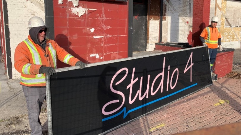 The sign at the former Studio 4 strip club in Windsor, Ont., on Thursday, April 1, 2021. (Bob Bellacicco / CTV Windsor)