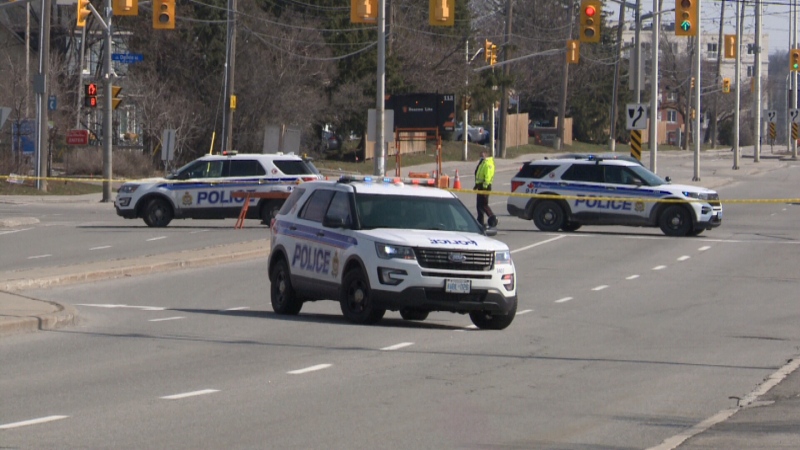 Ottawa police on the scene of an incident on Montreal Road during which a man armed with a sword was shot by an Ottawa police officer. The province's Special Investigations Unit has invoked its mandate to investigate. April 4, 2021. (Mike Mersereau / CTV News Ottawa)