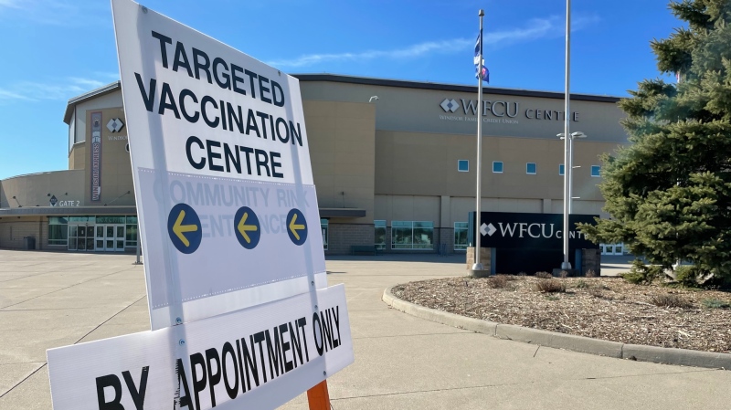 COVID-19 vaccination clinic at the WFCU Centre in Windsor, Ont., on Sunday, March 14, 2021. (Melanie Borrelli / CTV Windsor)