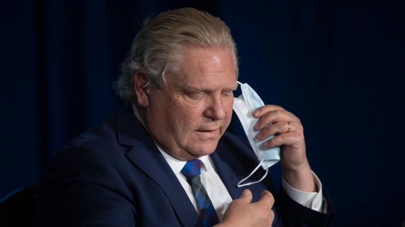 Ontario Premier Doug Ford speaks at a news conference at the Queens Park Legislature in Toronto on Wednesday, April 7 2021. The Province announced further lockdown restrictions in their latest effort to combat the spread of the COVID-19 virus. THE CANADIAN PRESS/Chris Young