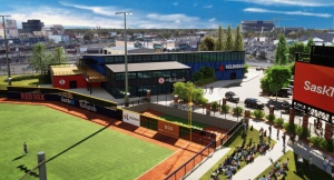A concept sketch of the 3,500-seat baseball stadium proposed on Dewdney Ave. (Supplied: Regina Red Sox)