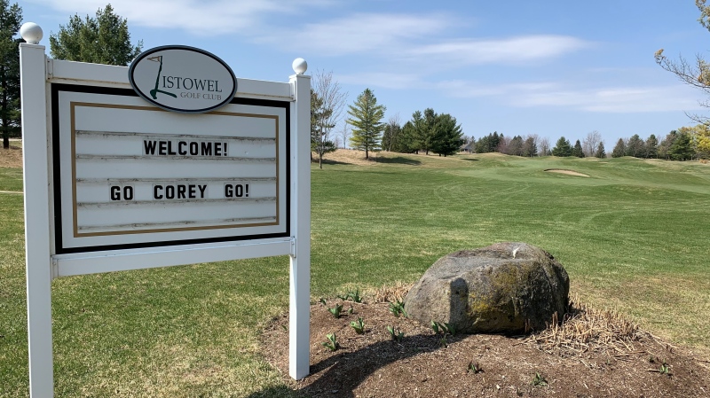 A sign at the Listowel Golf Club cheers on local golfer Corey Conners ahead of the Masters Tournament (Leighanne Evans / CTV News Kitchener)