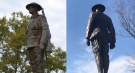 The statue of 'Tommy' on Sarnia, Ont.'s cenotaph is seen before and after his rifle was stolen in April 2021 in this composite image. (Source: Sarnia Police Service - Sean Irvine / CTV News)