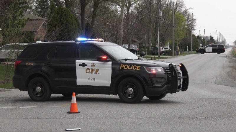 OPP block a section of Banwell Road in Tecumseh, Ont. after a fatal crash on Thursday, April 8, 2021. (Chris Campbell / CTV Windsor)