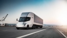 A fully electric Tesla semi-truck is shown: (Courtesy of Tesla, Inc.)