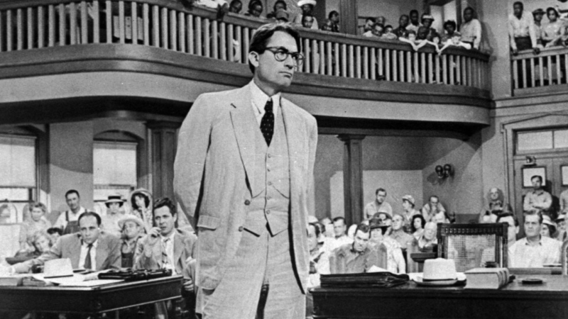 Actor Gregory Peck is seen as attorney Atticus Finch, a small-town Southern lawyer who defends a black man accused of rape, in a scene from "To Kill a Mockingbird." (AP / Universal, File)