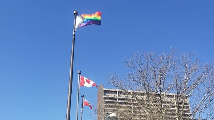Progressive Pride Flag raised at Charles Clark Square to mark Run for Rocky Day in Windsor, Ont. on Friday, April 9, 2021. (courtesy Run for Rocky Legacy Project)