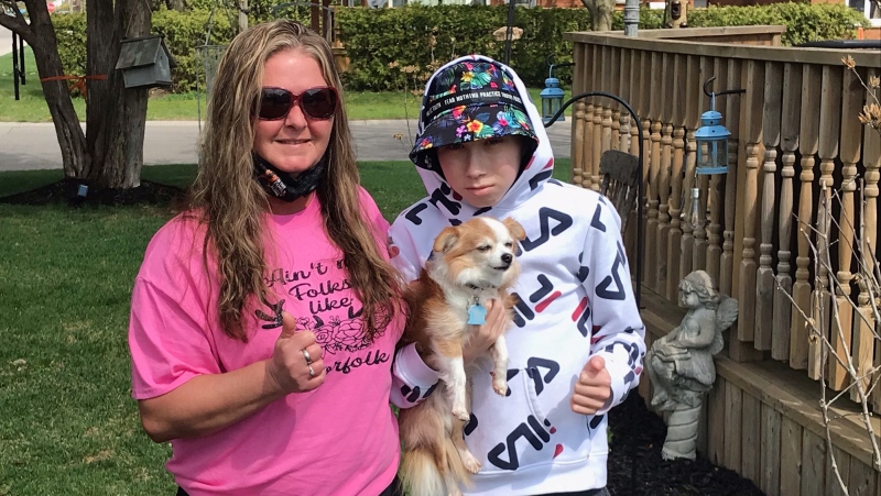 Ethan Shelly, right, is seen with his grandmother Bridgette Homenuik on April 13, 2021, in Delhi, Ontario. (Sean Irvine CTV News)