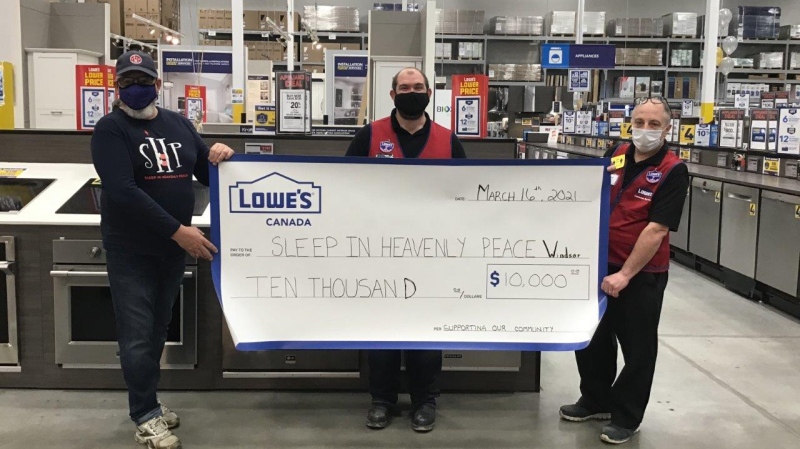 From left to right, Brian Cyncora, Founder of Sleep in Heavenly Peace (SHP) - Windsor-Essex, Mark Olivero, Asset Protection and Safety Manager for Lowe's Canada and Lino Tsolin, Store Manager for Lowe's Windsor East. (courtesy Lowe's Canada)
