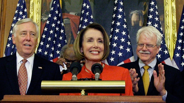 U.S. Speaker Nancy Pelosi is joined by House Majority Leader Steny Hoyer and Rep. George Miller during a press conference at the U.S. Capitol in Washington, on Saturday, Nov. 7, 2009. (AP / Alex Brandon)