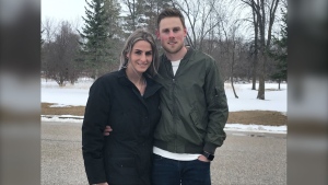 Taylor McMahon and his fiancé Chrisie are pictured on April 14, 2021. The couple said they were given too much information about a competing offer for a home they were looking to buy, a violation of Manitoba real estate rules. The couple's bid ultimately was not successful. (CTV News Photo Josh Crabb)