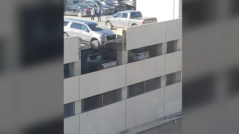 An SUV broke through a concrete barrier on the fourth level of the McIntosh Mall in Prince Albert. (Submitted photo)
