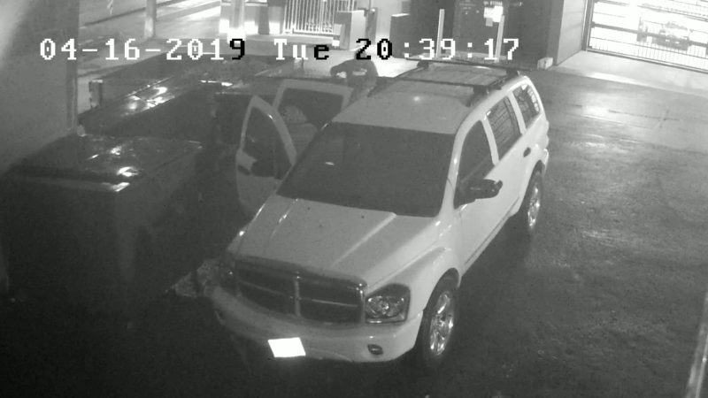 A still image from surveillance camera video shows a white SUV believed to be connected to the murder of 30-year-old Manoj Kumar on April 16, 2019.