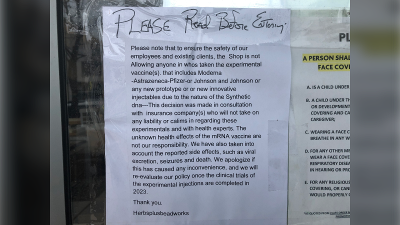 Sign on the front door of Herbs Plus Beadworks located on Ottawa Street in Windsor, Ont. on Friday, April 16, 2021. (Alana Hadadean/CTV Windsor)