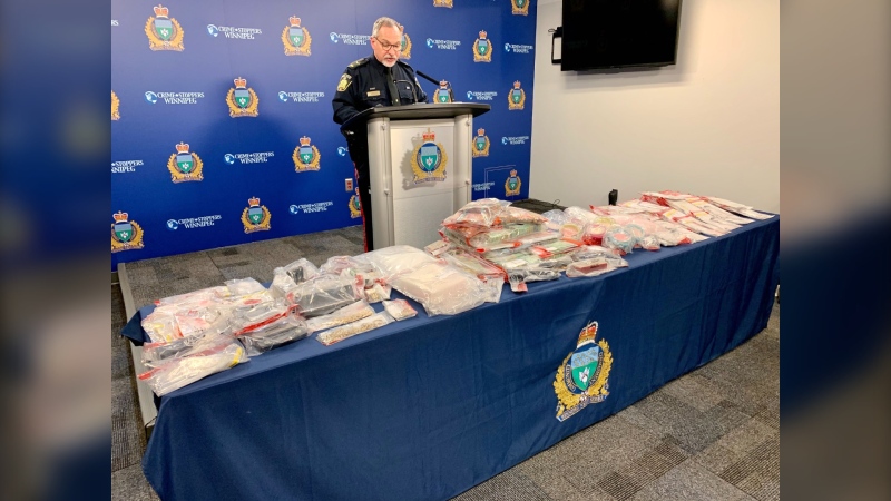 Constable Rob Carver with the Winnipeg Police Service speaks about the results of Project Matriarch, an investigation into the production and trafficking of crack cocaine in Winnipeg, on April 20. (CTV News Photo Scott Andersson)