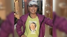 Diana Devine wearing a shirt with a photo of her late father who died in a workplace accident. (Supplied by Diana Devine)