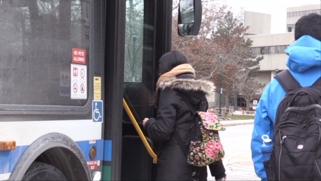 Passengers board a transit bus in London, Ont. on Thursday, April 22, 2021. (Daryl Newcombe / CTV News)