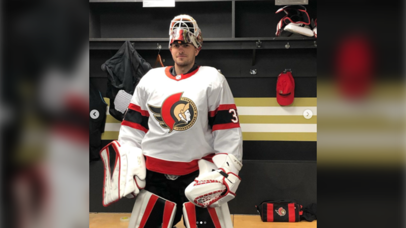 Senators forward Artem Anisimov dressed in full goalie equipment after two Senators goalies were hurt during Saturday's game against Vancouver. (Photo courtesy: Instagram/artemanisimov15) 