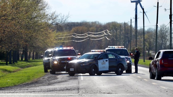 OPP had County Road 46 closed between Raymond Street and Gracie Sideroad closed due to the collision in Lakeshore, Ont. on Sunday, April 25, 2021. (courtesy OnLocation/Twitter)