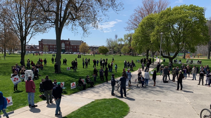 About 300 people attended a rally protesting current provincial lockdown measures in Chatham, Ont. on Monday, April 26, 2021. (Chris Campbell/CTV Windsor)