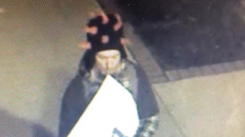 Suspect wanted in the theft of a Stratford, Ont. police officer's duty bag from a parked cruiser on April 24, 2021. (Stratford police) 
