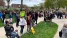 About 300 people attended a rally protesting current provincial lockdown measures in Chatham, Ont. on Monday, April 26, 2021. (Chris Campbell/CTV Windsor)
