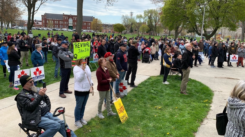 About 300 people attended a rally protesting current provincial lockdown measures in Chatham, Ont. on Monday, April 26, 2021. (Chris Campbell/CTV Windsor)
