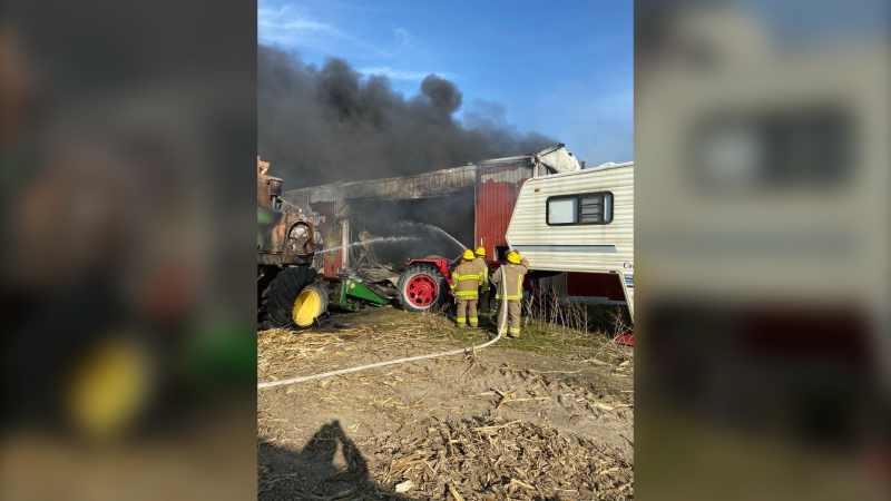 Chatham-Kent firefighters battled a barn fire in Dresden, Ont. on Tuesday, April 27, 2021. (Source: Chatham-Kent Fire / Twitter)