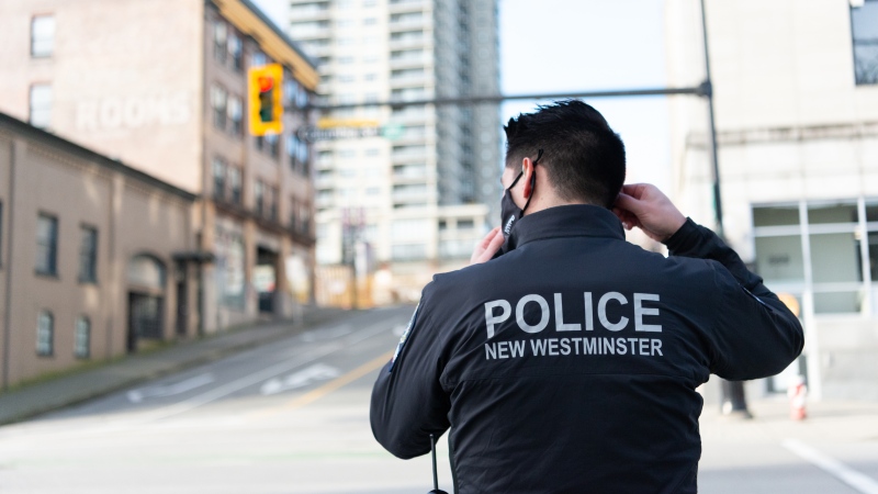 A New Westminster Police Department officer is seen downtown. (NWPD handout)