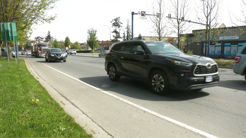 Cars are seen on Millstream Road in Langford: April 29, 2021 (CTV News)