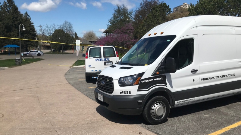 London police investigate a stabbing in Ivey Park near Downtown London on Friday, April 30, 2021. (Sean Irvine / CTV London)