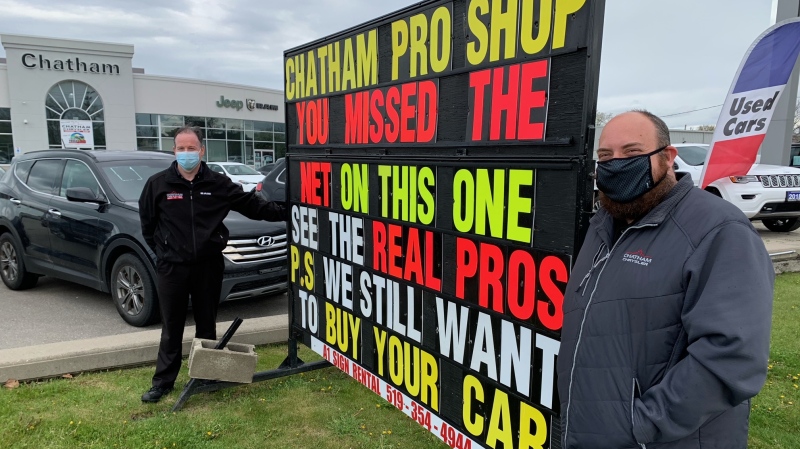 Mike Hogue and Curtis Mandeville of Chatham Chrysler in Chatham, Ont. on Friday, April 30, 2021. (Chris Campbell/CTV Windsor)