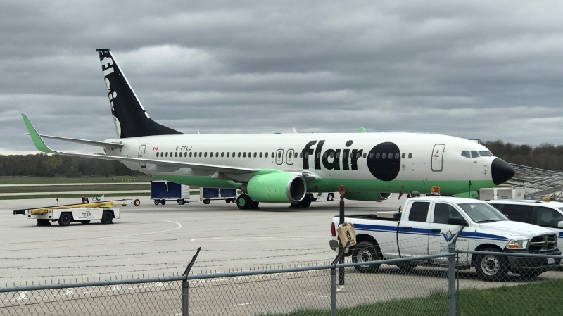 A Flair Airlines plane arrives at the Region of Waterloo International Airport (Dan Lauckner / CTV News Kitchener)